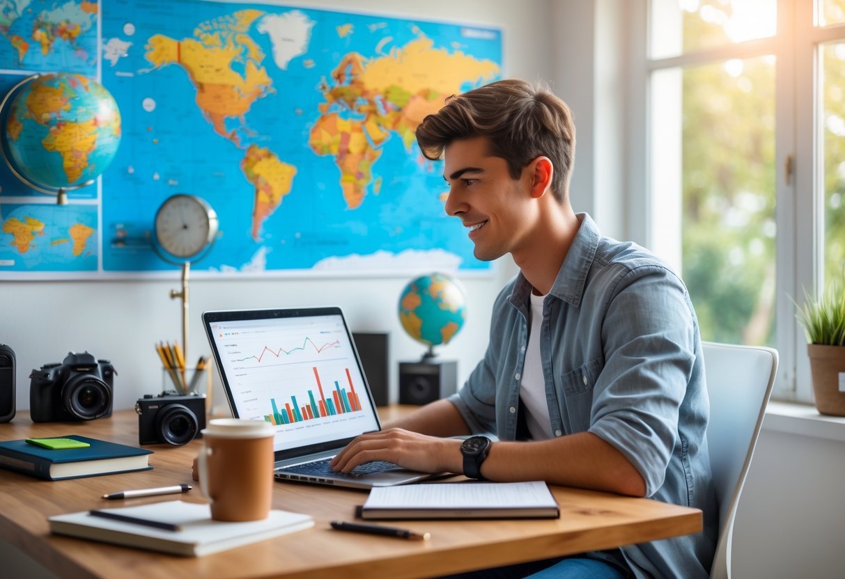A person working on a laptop at a desk with travel items like a map, globe, and camera nearby.