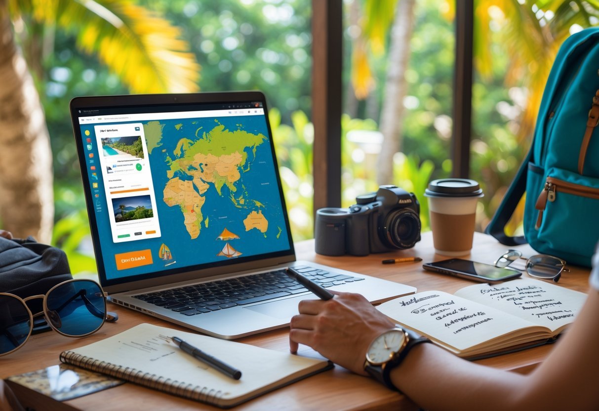 A person planning a budget trip to Bali at a desk with a laptop, notebook, smartphone, and travel items, with a tropical garden visible through a window.