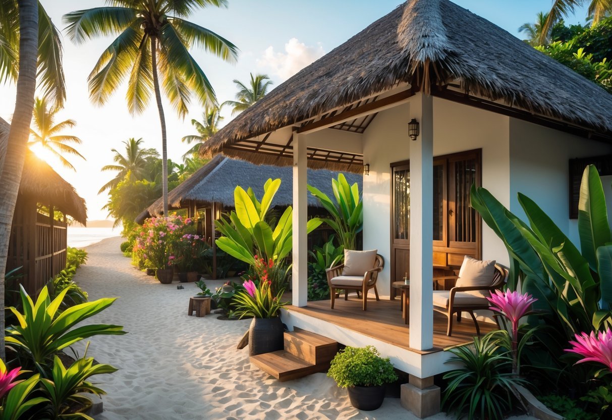 A cozy bungalow surrounded by tropical plants and palm trees with a small outdoor seating area in Bali.