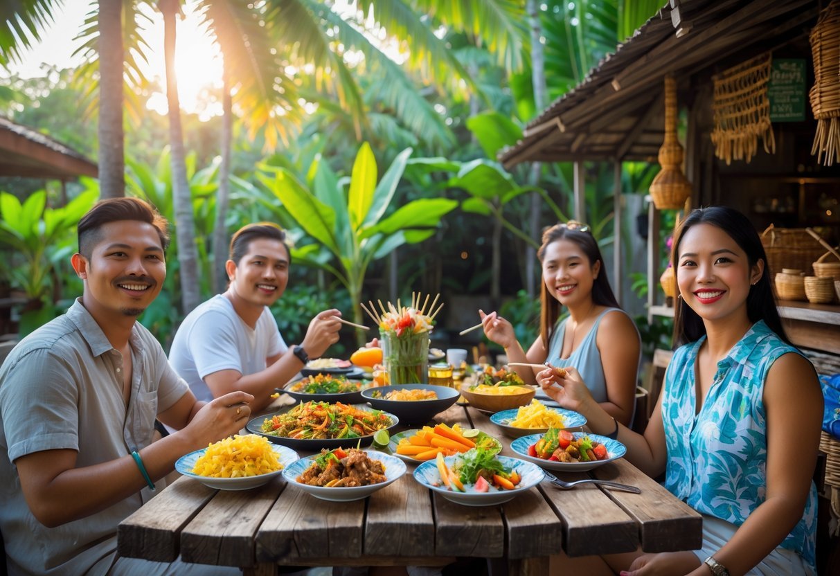 Travelers enjoying traditional Balinese food outdoors at a rustic table surrounded by tropical plants and a small street food stall in the background.