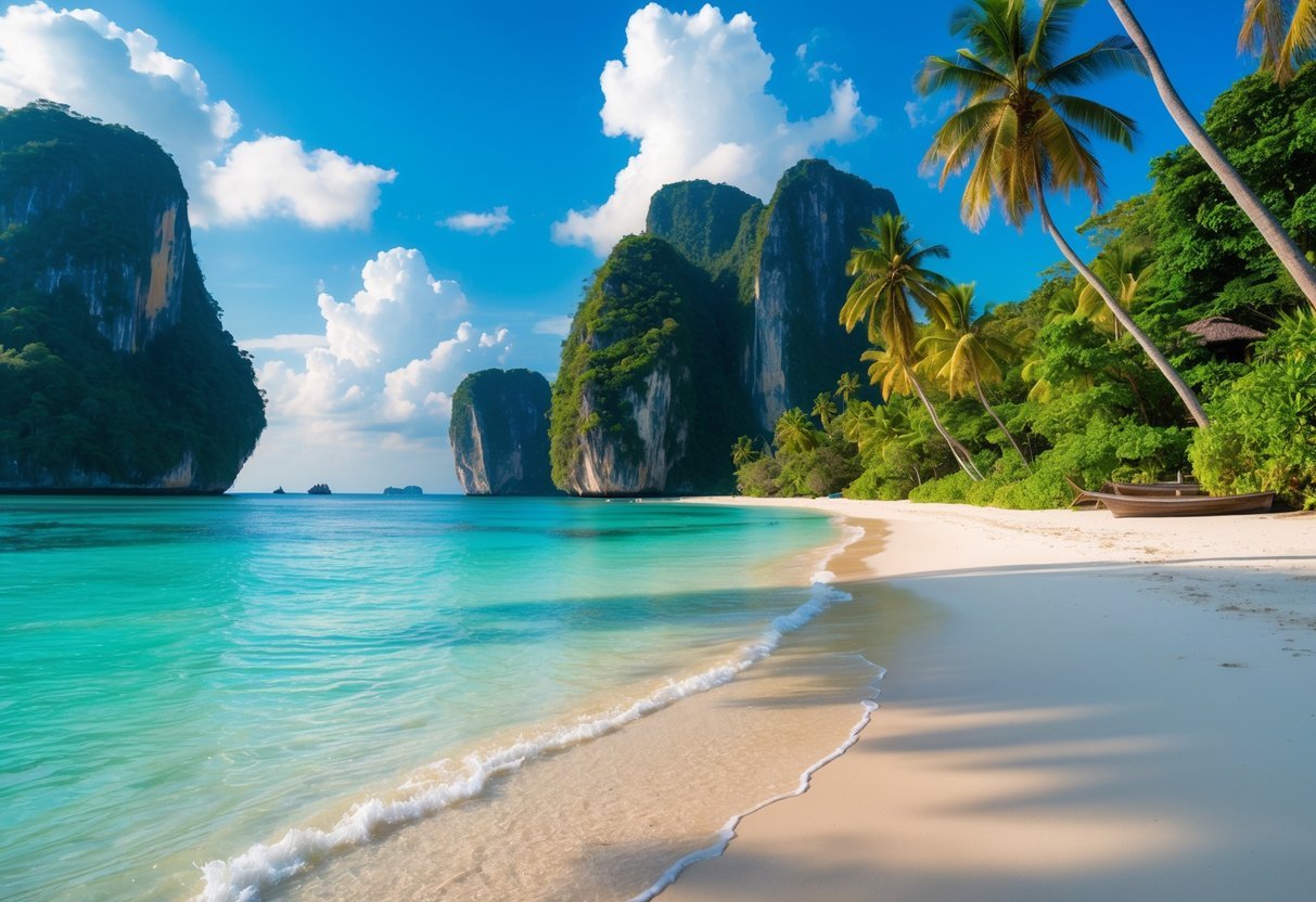 A secluded tropical beach in Thailand with clear turquoise water, white sand, palm trees, and limestone cliffs under a blue sky.