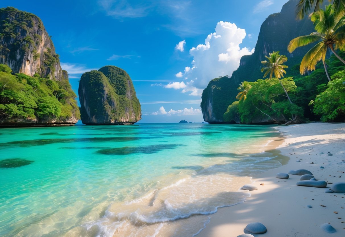 A secluded tropical beach with clear turquoise water, white sand, limestone cliffs, and lush green trees under a blue sky.