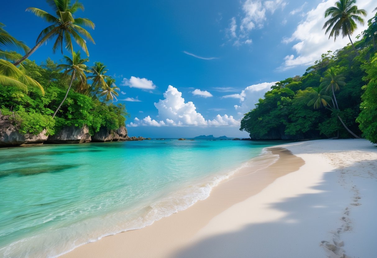A peaceful tropical beach with white sand, clear turquoise water, and green palm trees under a blue sky.