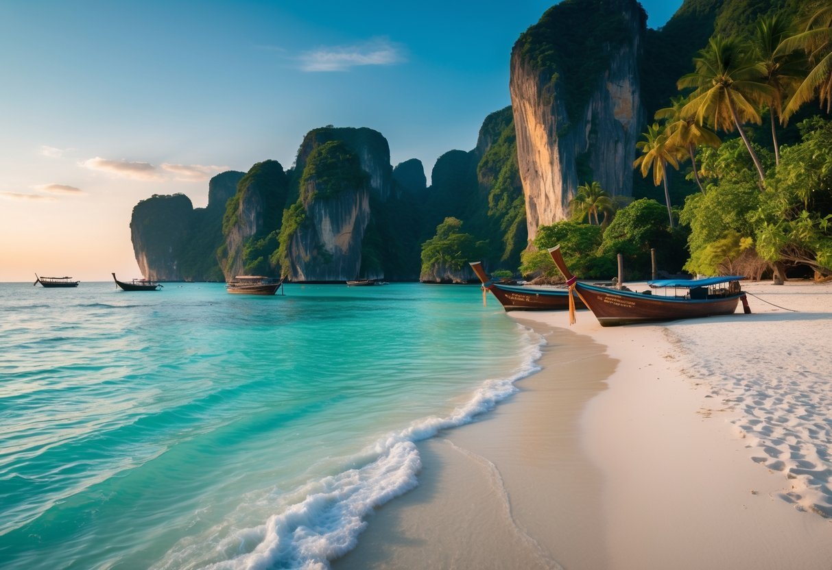 A secluded tropical beach with clear turquoise water, white sand, limestone cliffs, and traditional boats near the shore.
