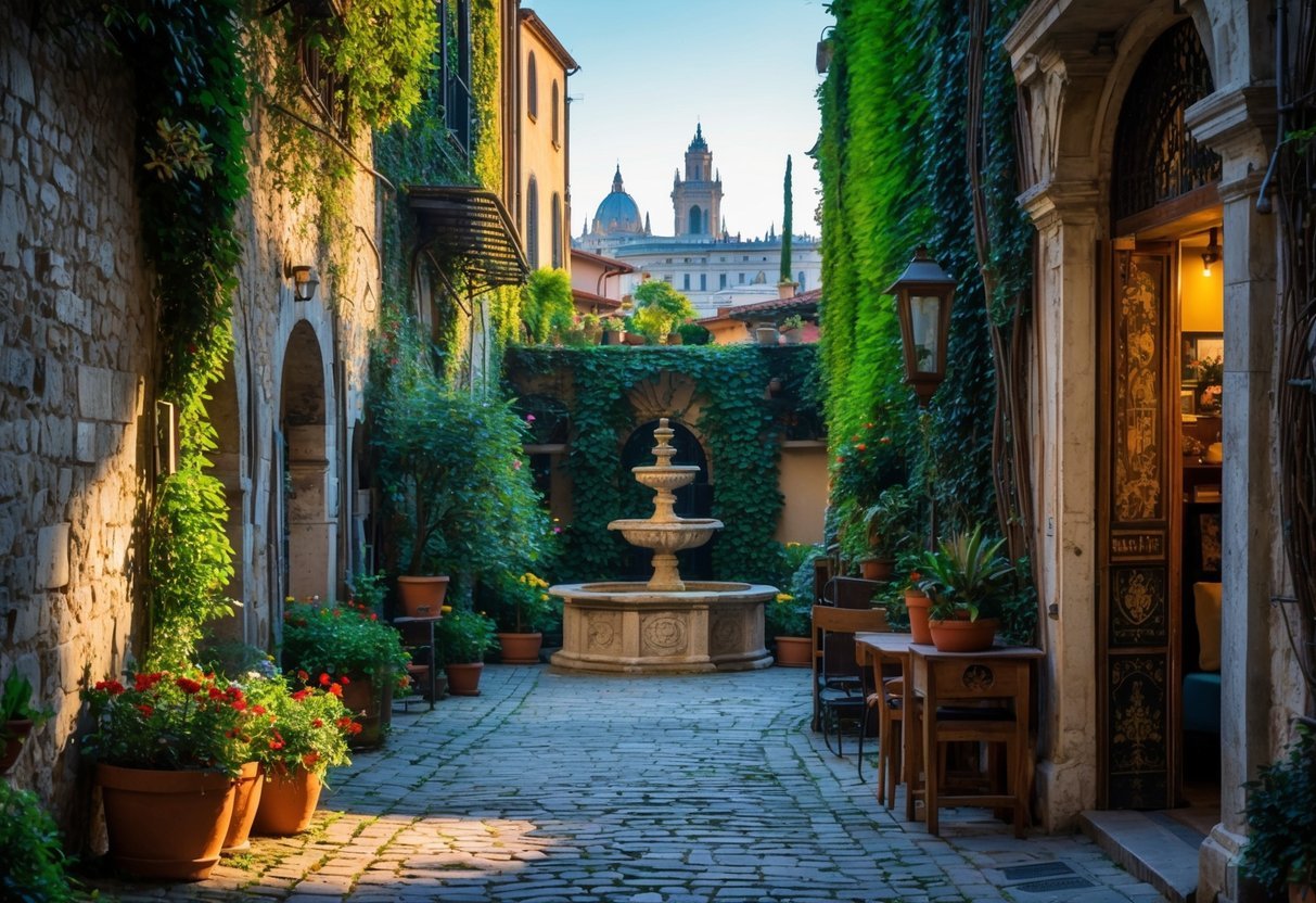 A collage of five hidden places in Milan including a cobblestone alley with flowers, a courtyard with a stone fountain, a rooftop garden overlooking the city, a rustic café with plants, and an old decorated door slightly open.