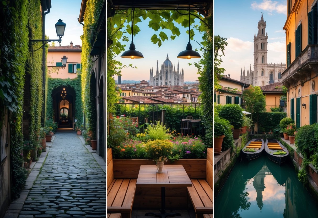 Five hidden places in Milan including a cobblestone alley, a secluded garden, a rooftop terrace with city views, a small Italian café, and a peaceful canal with boats.