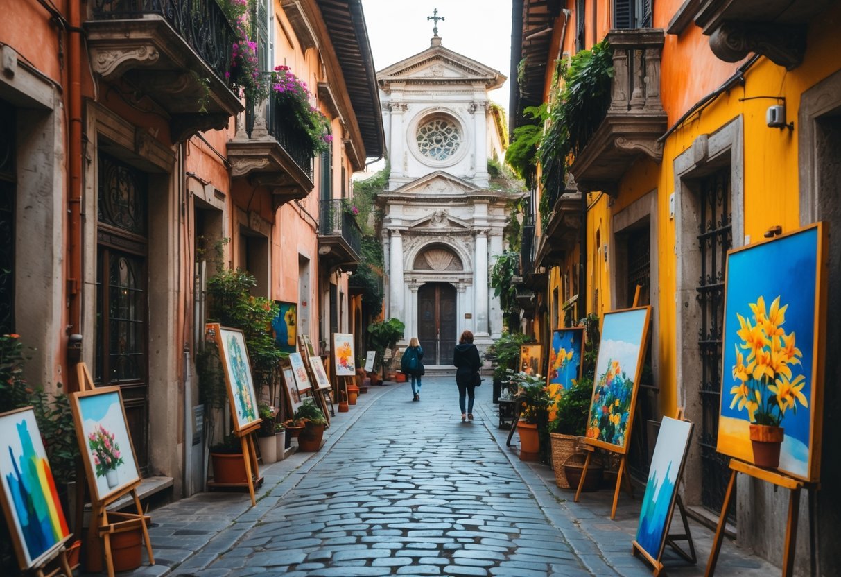 A narrow cobblestone street in Milan with colorful old buildings, local artists displaying artwork, and a hidden ancient church in the background, with visitors exploring the area.