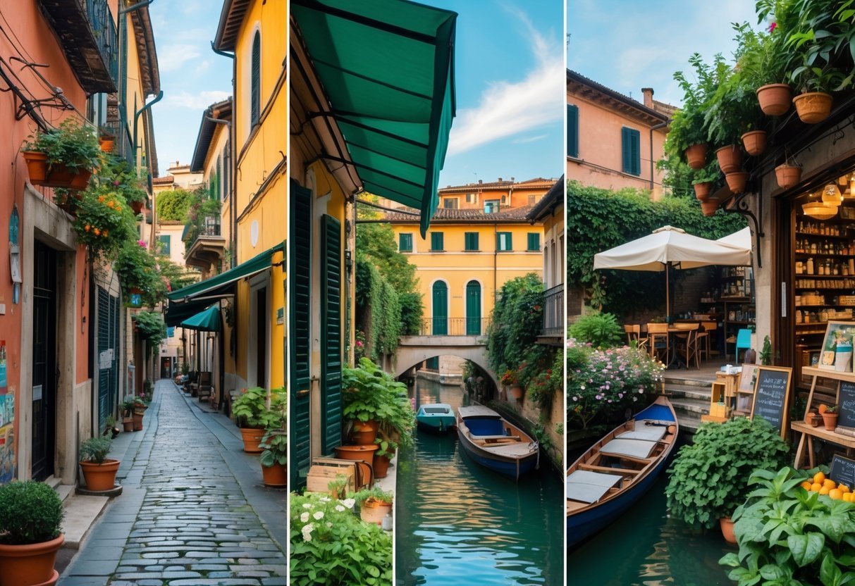 Five scenes of hidden places in Milan including a cobblestone alley, outdoor café, canal with boats, rooftop garden, and artisan market stall.