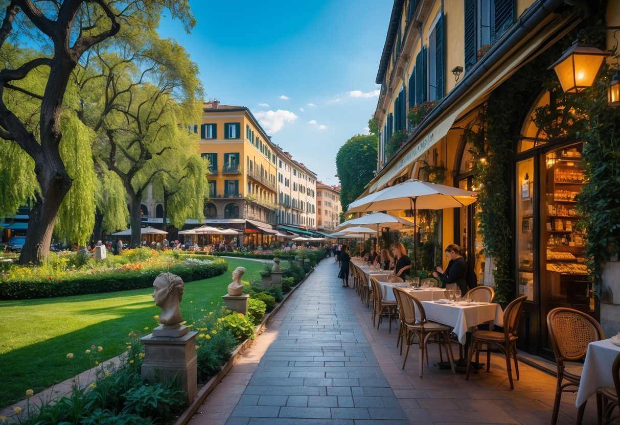 A collage of hidden places in Milan including a green park, a quiet shopping street, an outdoor café with people dining, an urban garden with sculptures, and a rustic trattoria entrance.