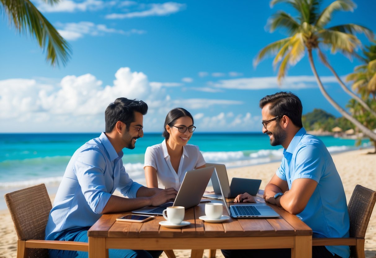 Three employees working together outdoors at a beachside resort with laptops and notebooks, surrounded by palm trees and ocean.