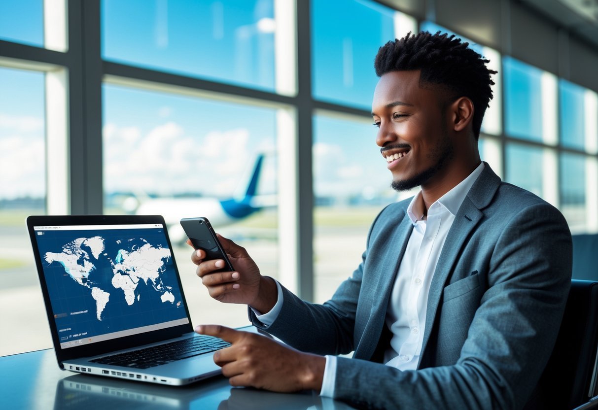A young adult using a smartphone at an airport lounge with a laptop nearby and an airplane visible outside the window.