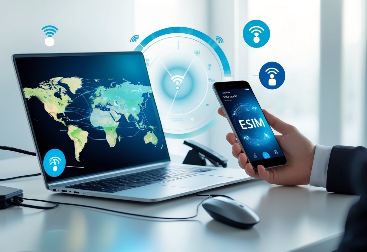A person using a smartphone and laptop displaying network coverage maps and connectivity icons on a clean desk.