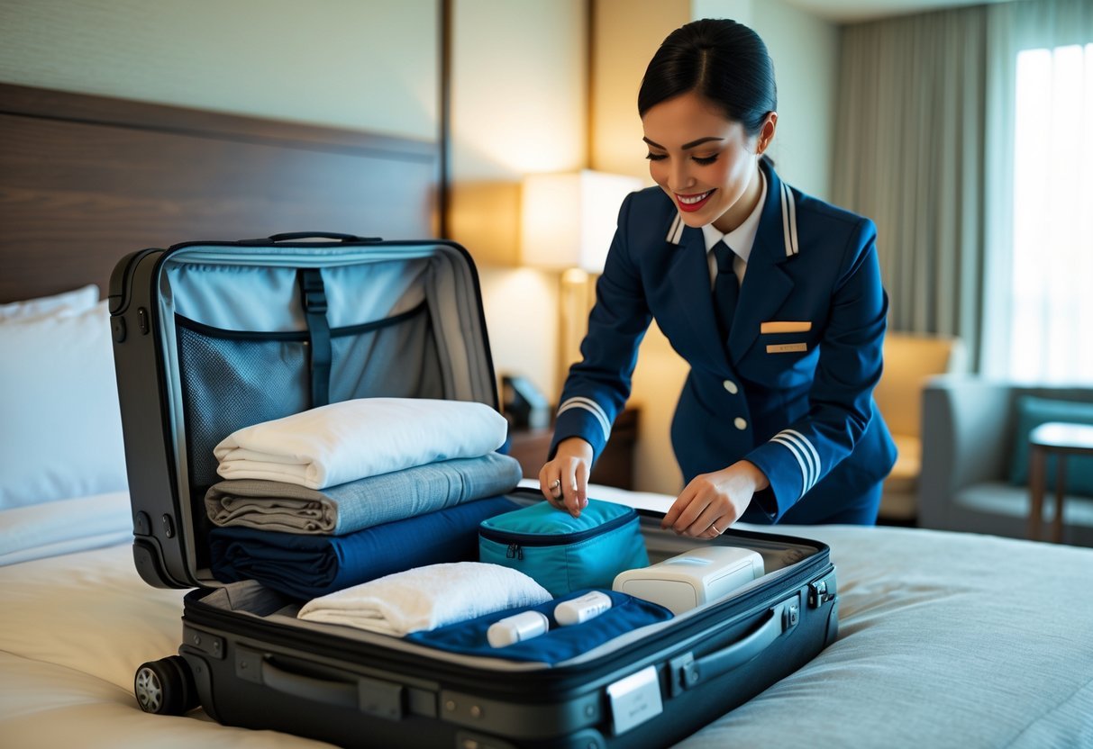A flight attendant packing a suitcase with neatly folded clothes and travel items in a hotel room.