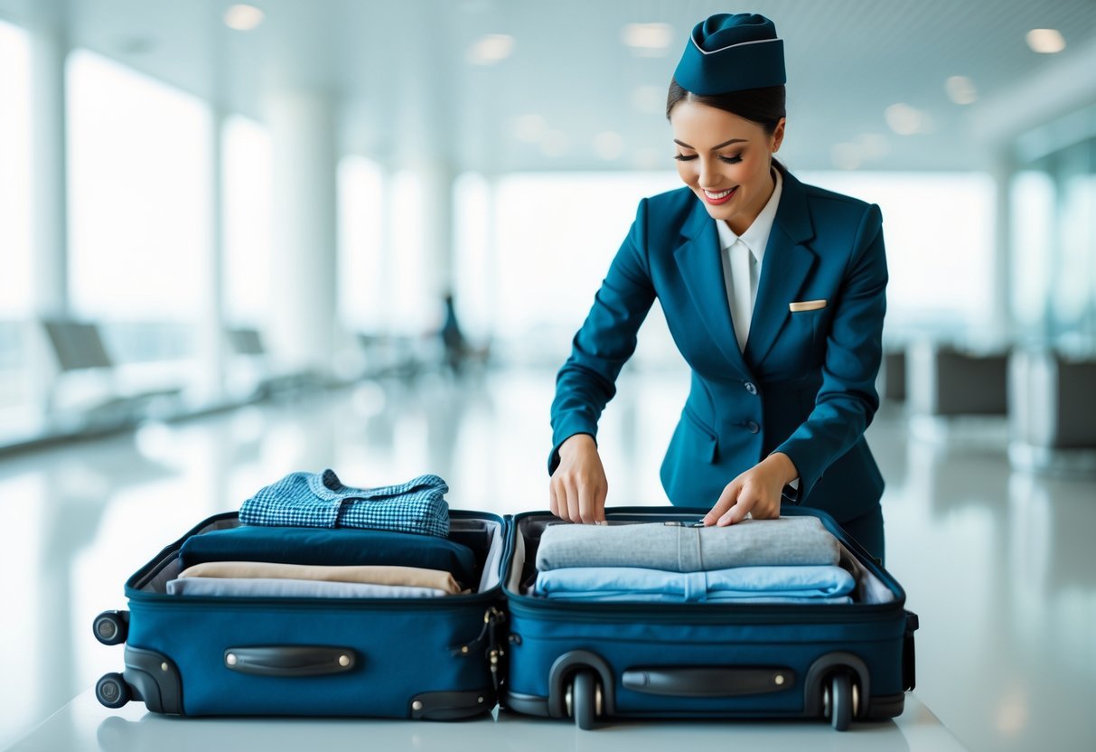 Flight attendant packing a suitcase with neatly organized clothes and travel items on a clean surface.