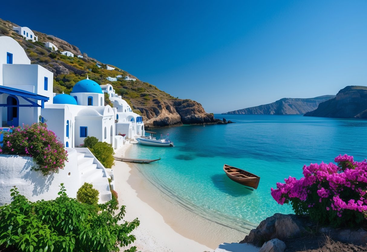 A peaceful Greek island with white houses, blue domes, turquoise water, sandy beach, and green hills under a clear blue sky.
