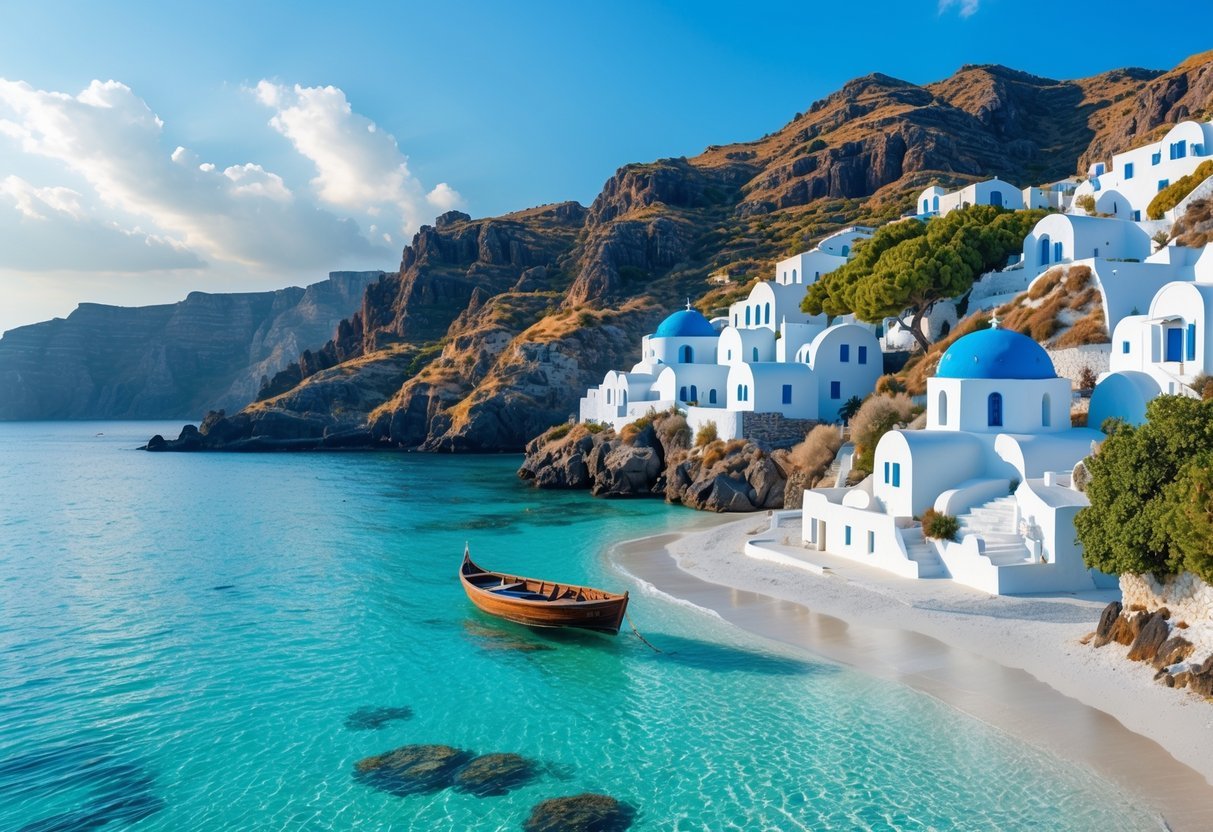 A peaceful Greek island with clear turquoise water, white sandy beach, rocky cliffs, and white houses with blue roofs under a blue sky.