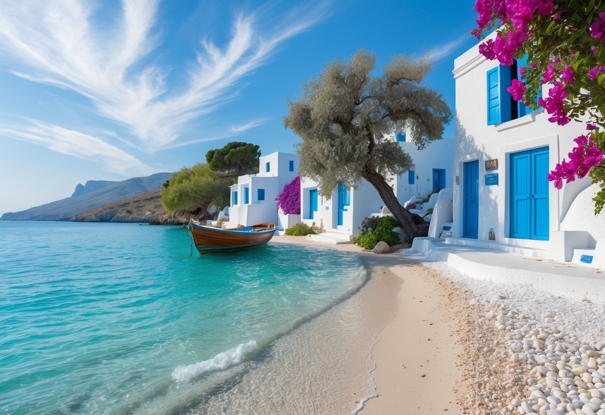 A peaceful Greek island beach with clear turquoise water, white houses with blue shutters, green trees, and a small wooden boat near the shore.