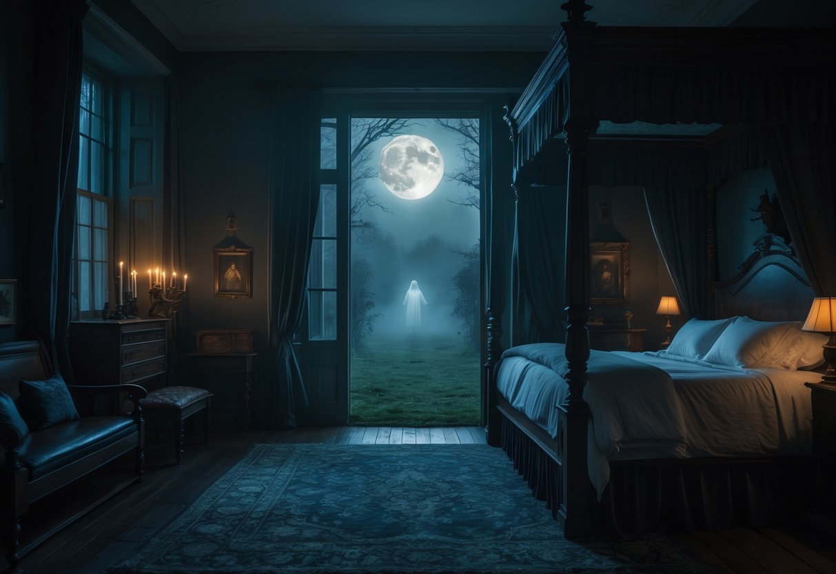 A dimly lit bedroom in an old mansion with a large bed, flickering candlelight, and a moonlit garden visible through a window, with faint ghostly figures in the background.