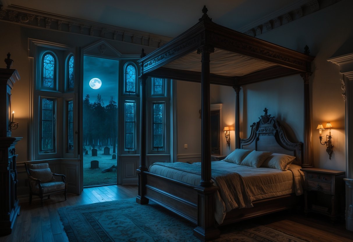 An antique bedroom with a four-poster bed and dim lighting inside a historic mansion, with a misty forest visible through a window at night.