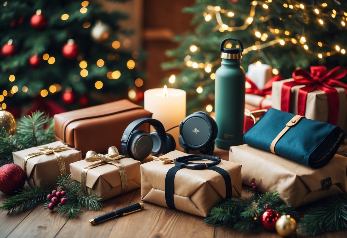 A festive holiday scene with a variety of practical travel gifts arranged on a wooden table surrounded by Christmas decorations and a softly lit Christmas tree in the background.