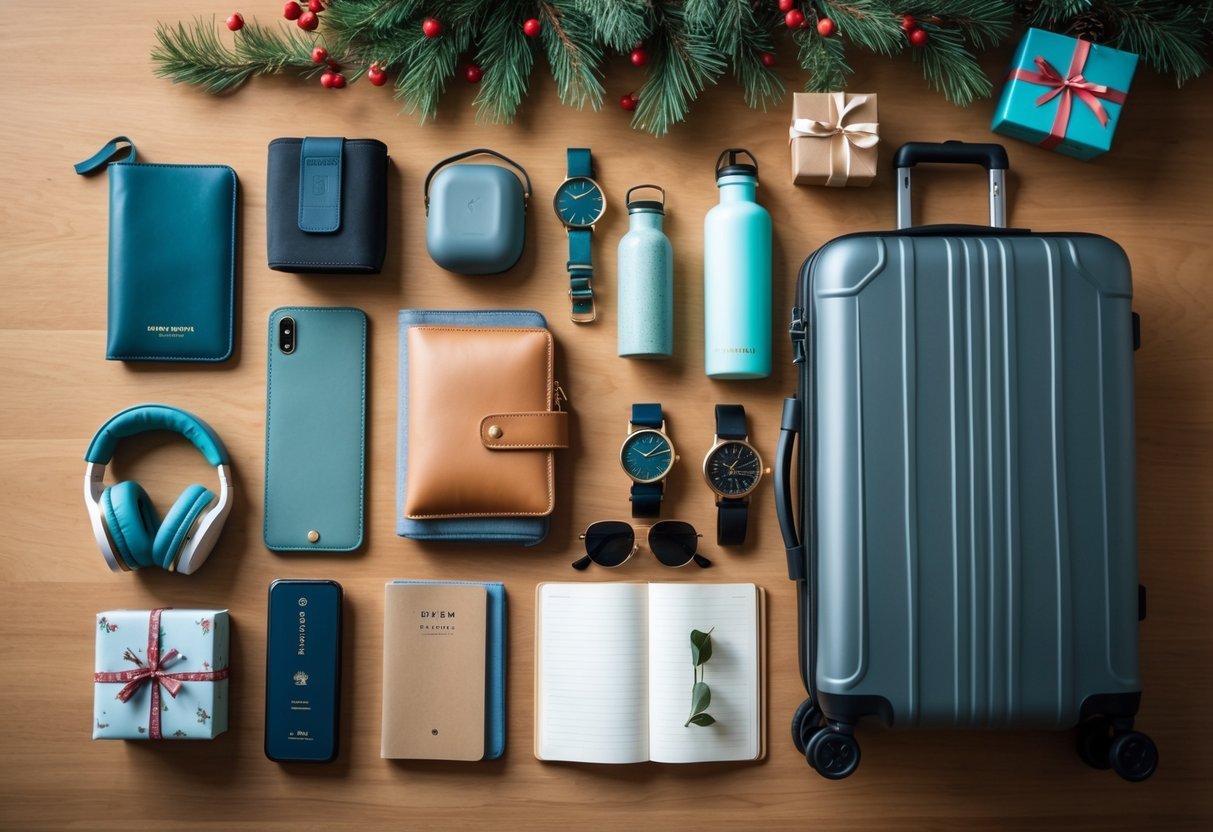A flat lay of travel essentials and Christmas gift items including a passport holder, headphones, travel pillow, water bottle, adapter, suitcase, watch, journal, packing cubes, power bank, and sunglasses on a wooden surface with holiday decorations.