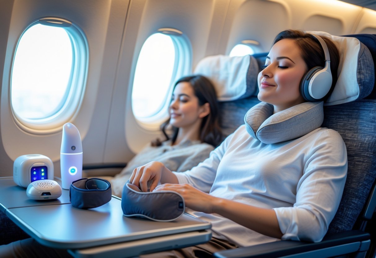 A traveler on an airplane using various comfort gadgets like a neck pillow and headphones while sitting by the window.