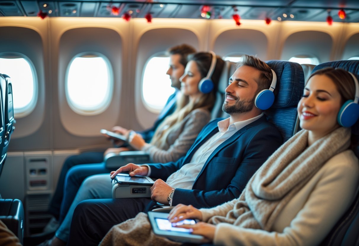 Passengers on an airplane using various comfort gadgets like neck pillows and headphones during a Christmas flight.