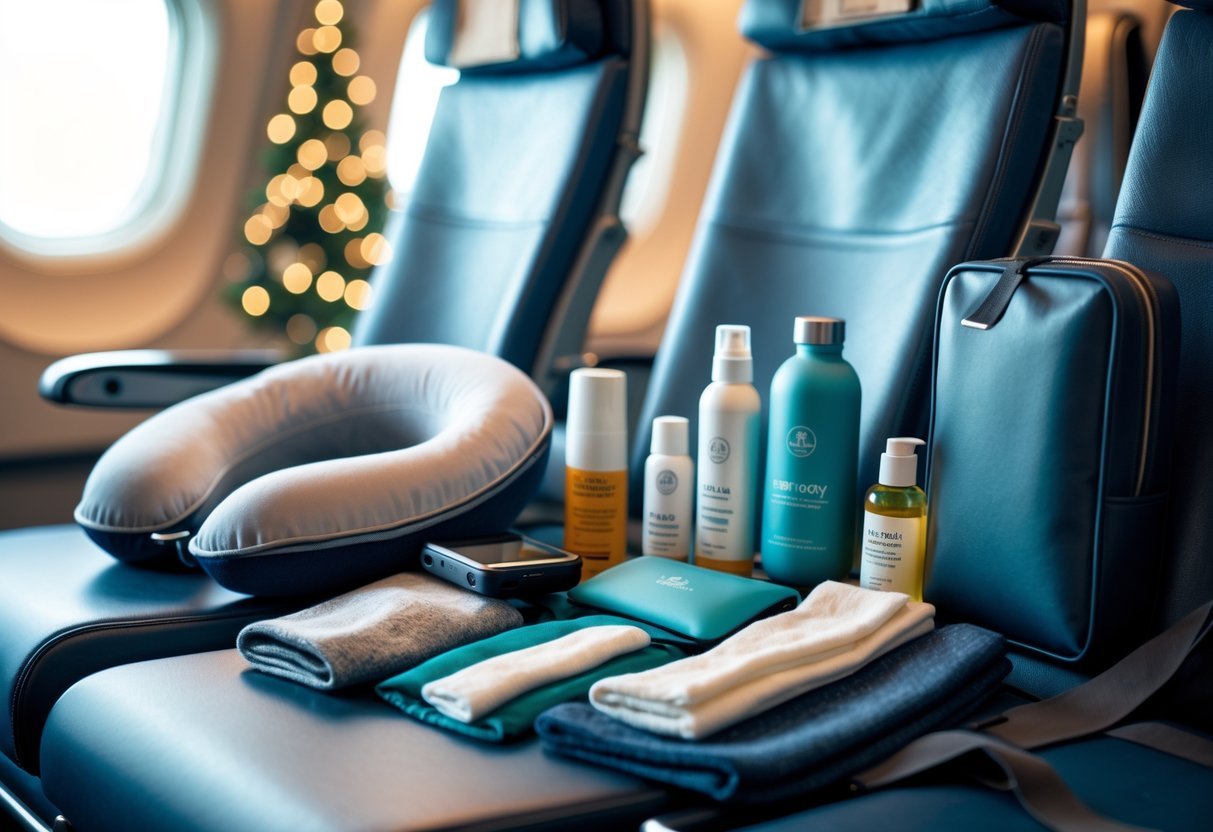 A collection of travel comfort accessories arranged on an airplane seat and tray table, including a neck pillow, headphones, eye mask, blanket, charger, water bottle, and travel bag, suggesting a comfortable holiday flight.