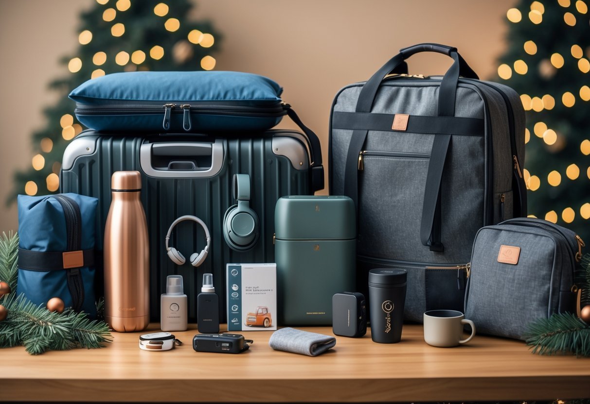 A collection of popular travel products arranged on a wooden surface with holiday decorations, including a suitcase, travel pillow, water bottle, headphones, and other accessories.