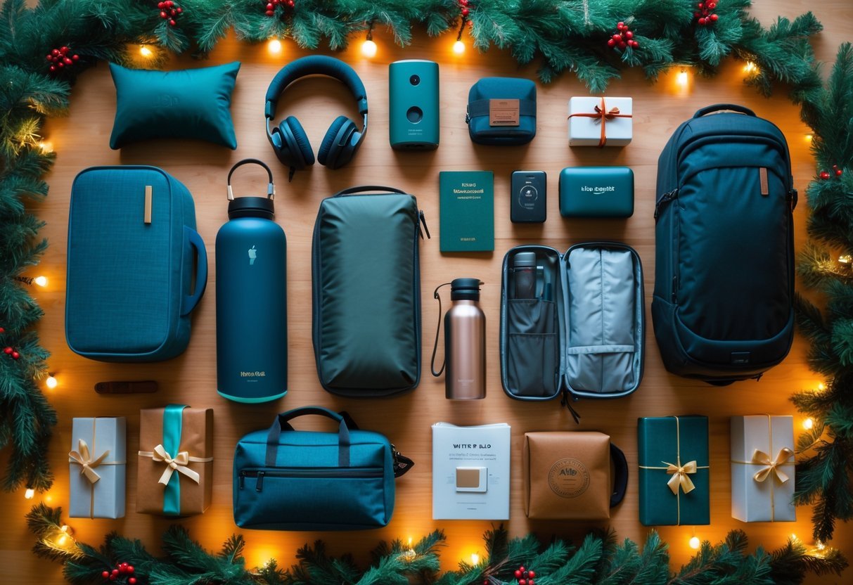A flat lay of 15 travel products arranged with Christmas decorations on a wooden surface.