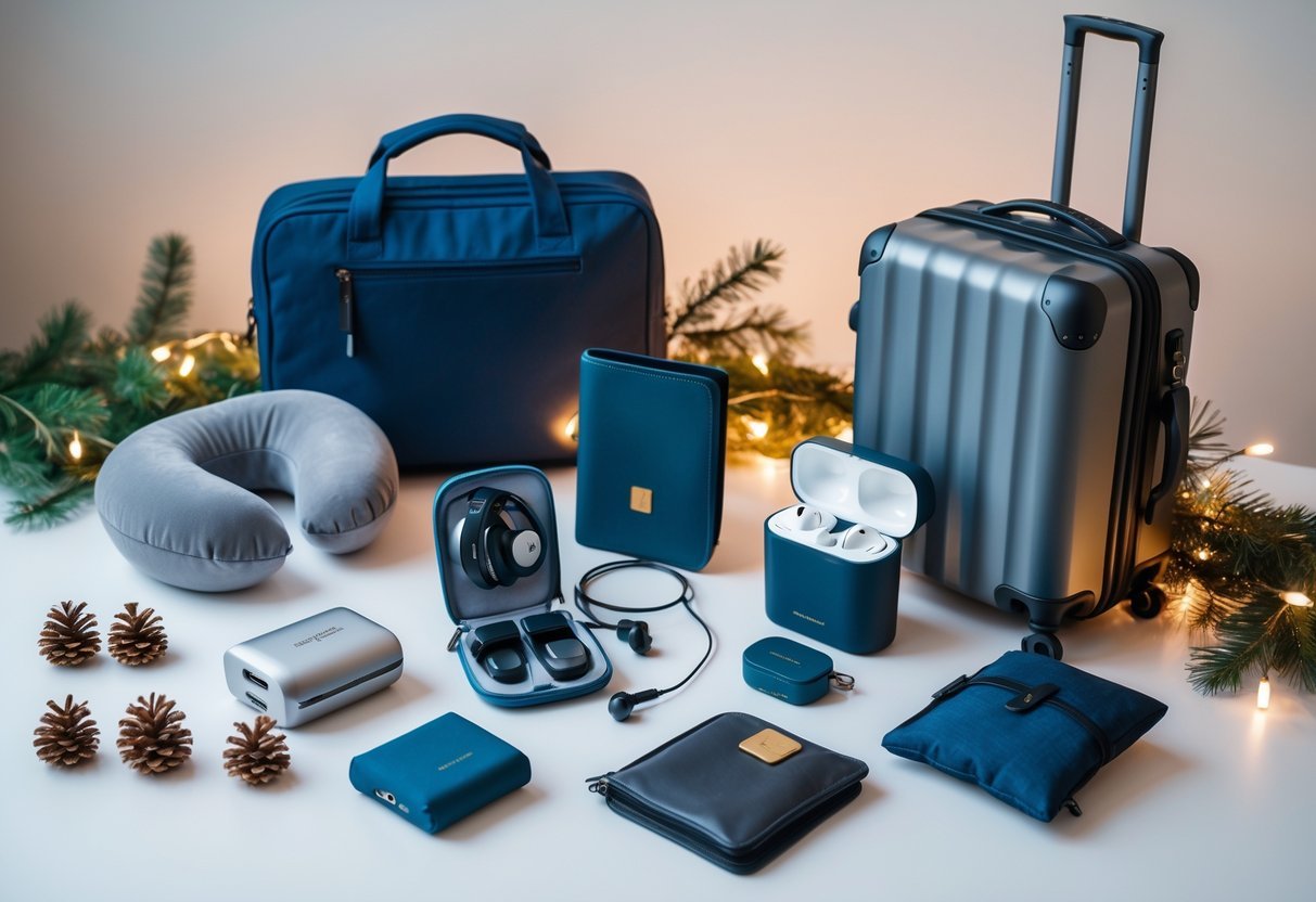 A collection of popular travel products arranged with holiday decorations including pine branches and lights.