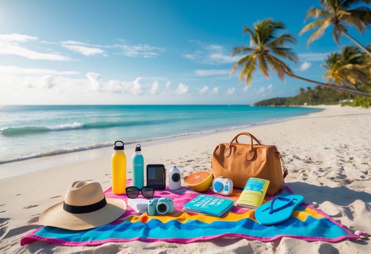 A sunny tropical beach with essential travel items arranged on a towel, palm trees, and subtle Christmas decorations.