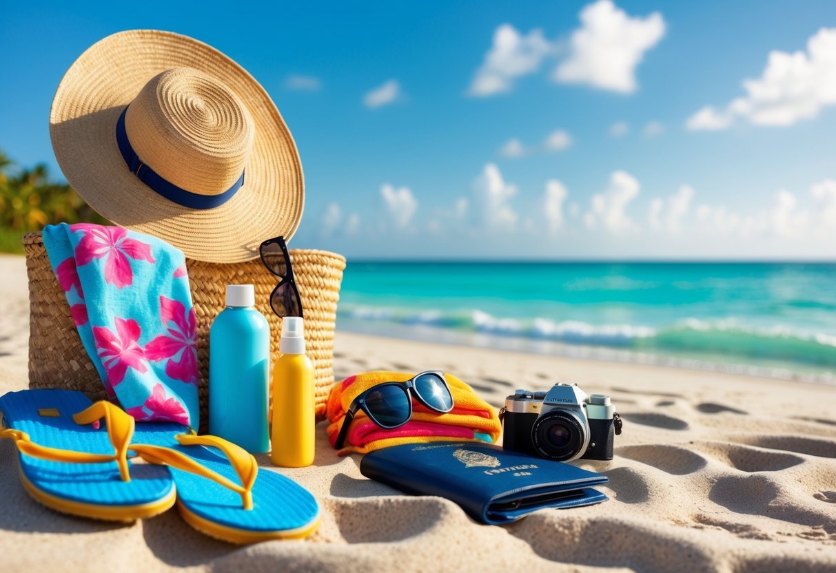 A collection of beach travel items on sand with ocean waves and clear sky in the background.