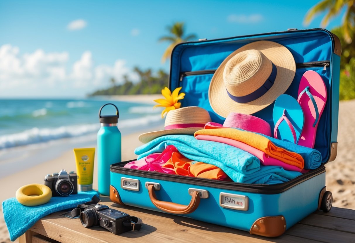 Open suitcase filled with colorful beach clothes and travel essentials on a wooden surface with a tropical beach background.