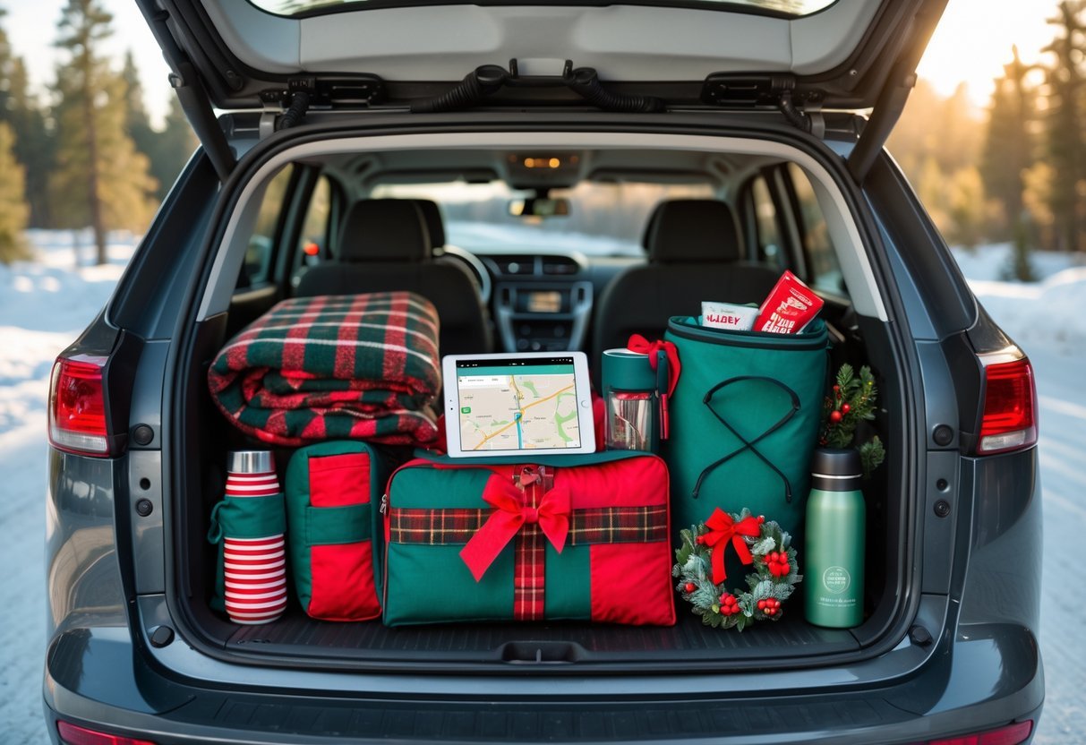 Car trunk open with Christmas road trip essentials packed inside, snowy pine trees outside, and a cozy winter travel setup.