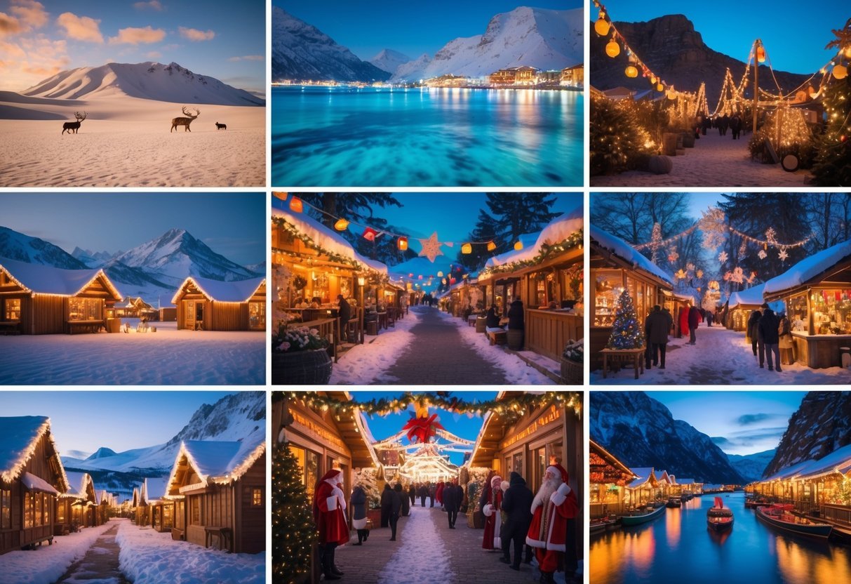 A collage of ten unique Christmas travel scenes including snowy deserts, tropical beaches, mountain villages, urban markets, forests with lanterns, historic towns, street festivals, cozy cabins, icy fjords, and exotic city celebrations.