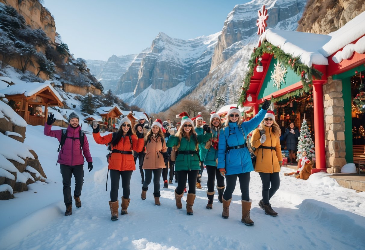 A group of travelers enjoying a snowy, unusual Christmas destination with festive decorations and natural scenic surroundings.