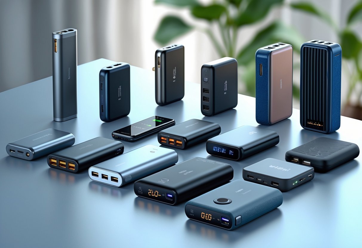 Twelve different portable chargers and power banks arranged on a surface, showing a variety of sizes and designs.