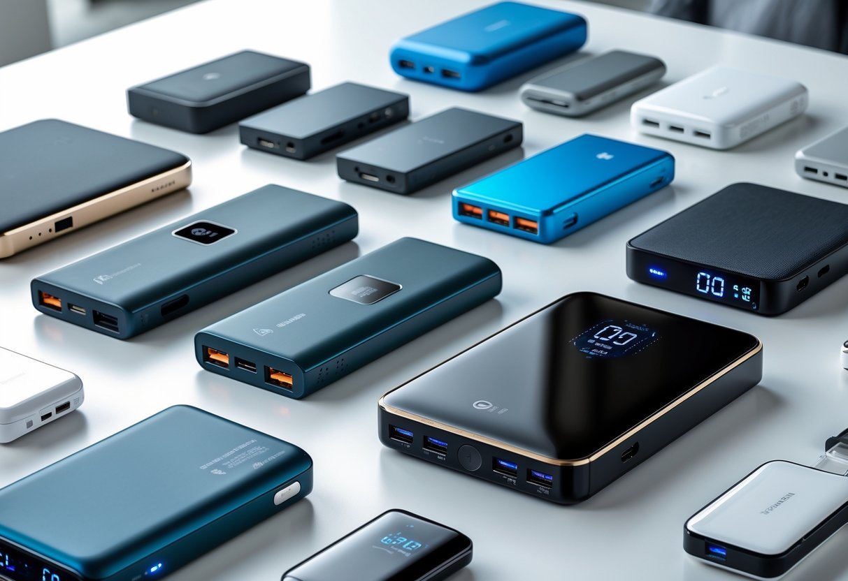 A collection of twelve portable chargers and power banks arranged on a white surface, showing different sizes and designs.