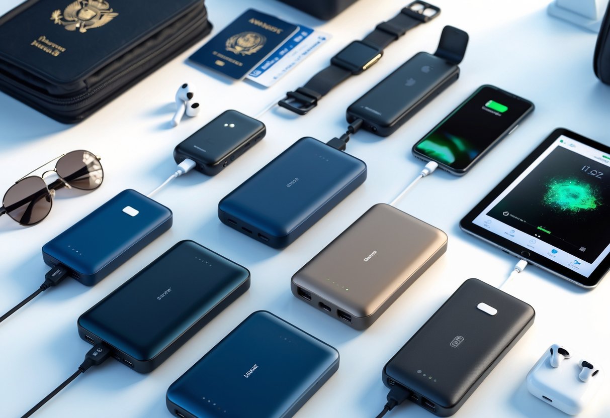 A selection of portable power banks and chargers on a travel desk with smartphones and travel items like a passport and sunglasses.