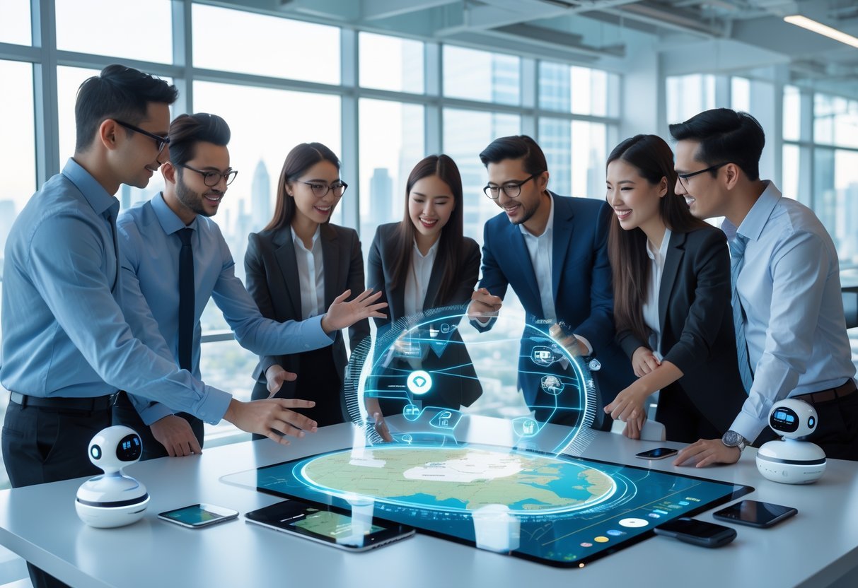 A group of people using futuristic digital devices and holograms to plan a trip together in a bright office.