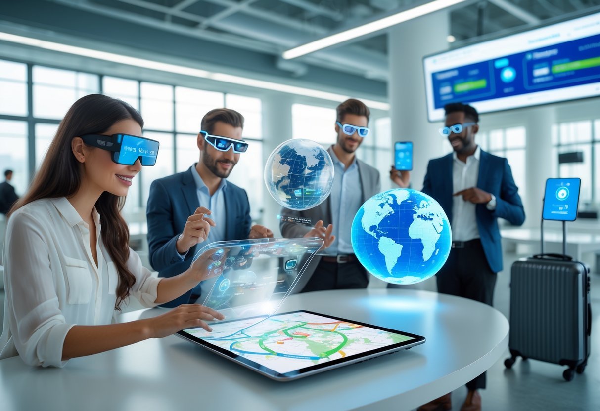 People using futuristic smart devices and holograms to plan a trip in a modern workspace.