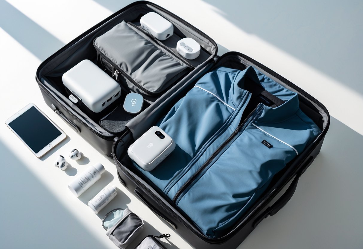 An open suitcase filled with futuristic travel gear and gadgets neatly arranged on a white surface.