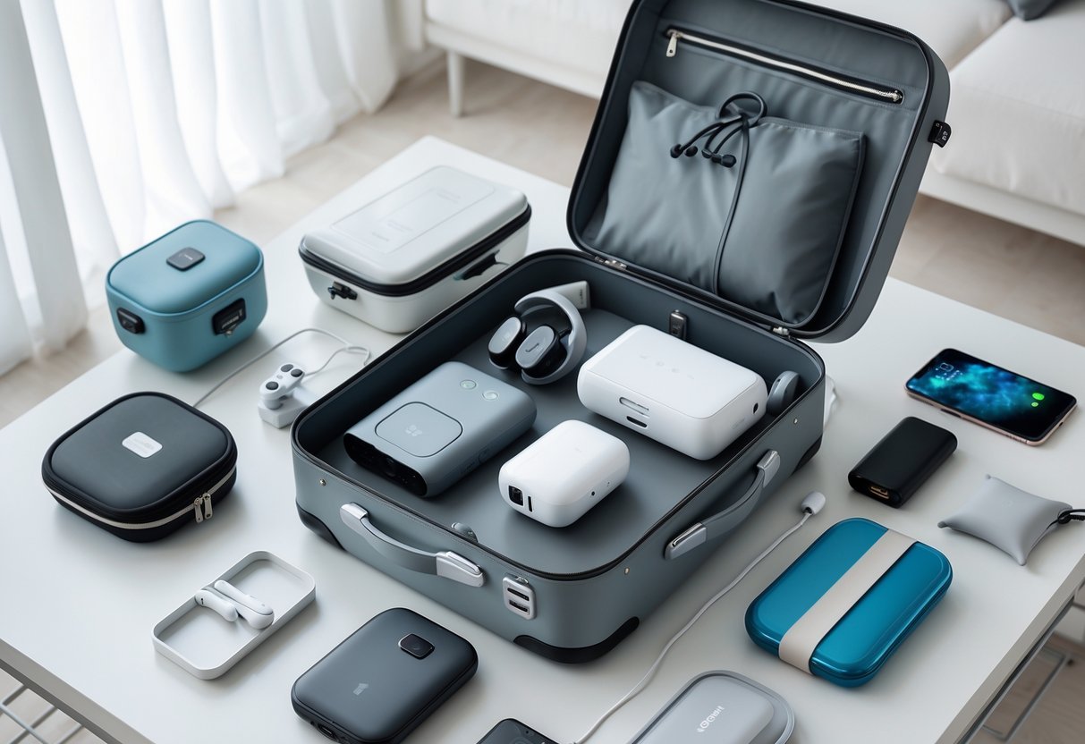 An open suitcase filled with modern travel gadgets and gear on a clean surface in a bright room.