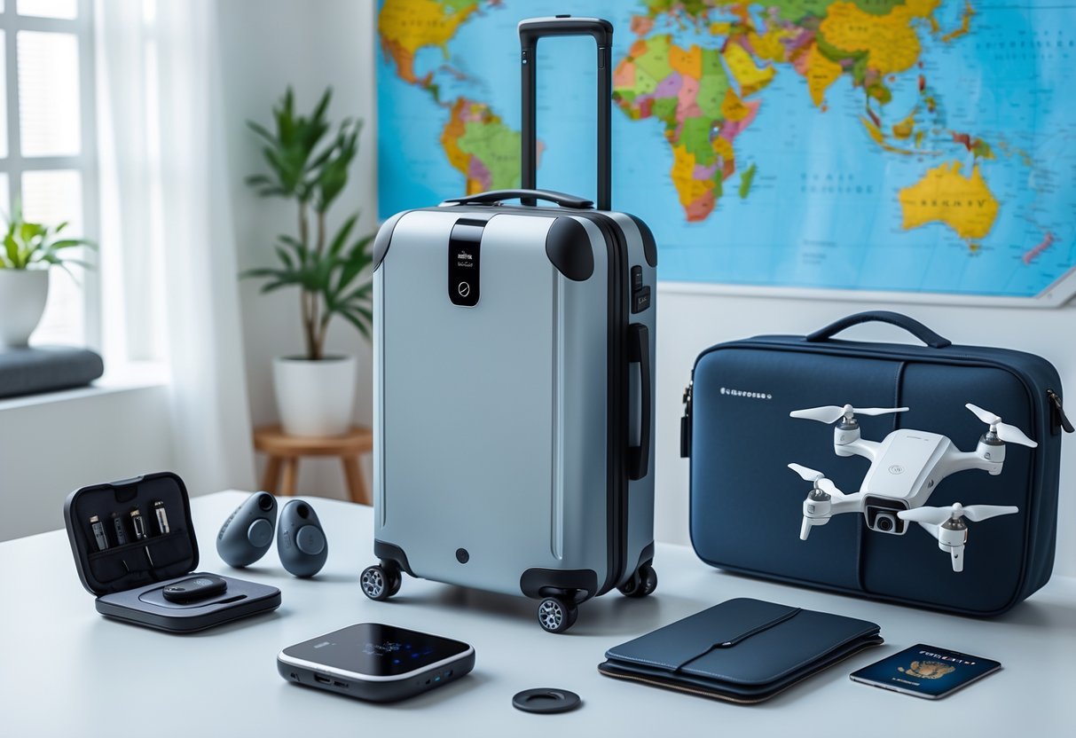 A collection of advanced travel gear including a smart suitcase, wireless earbuds, solar power bank, foldable drone, and travel organizer arranged on a table with a world map in the background.
