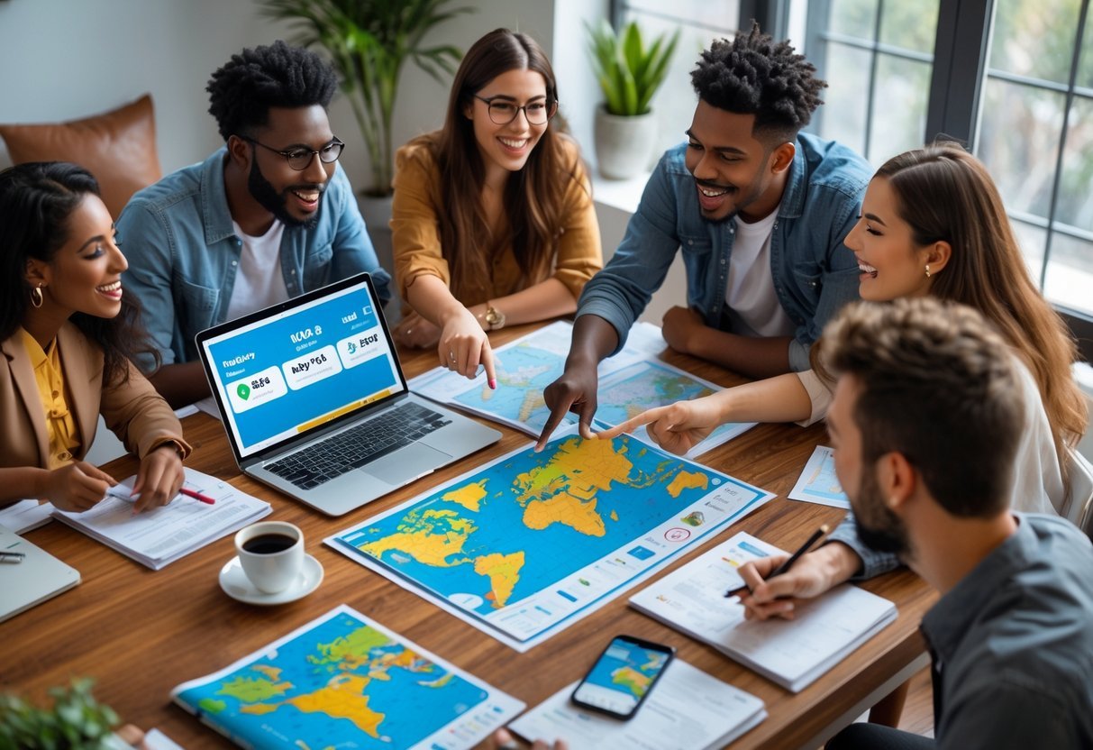 A group of young adults planning a budget-friendly trip together around a table with maps, travel guides, and electronic devices.