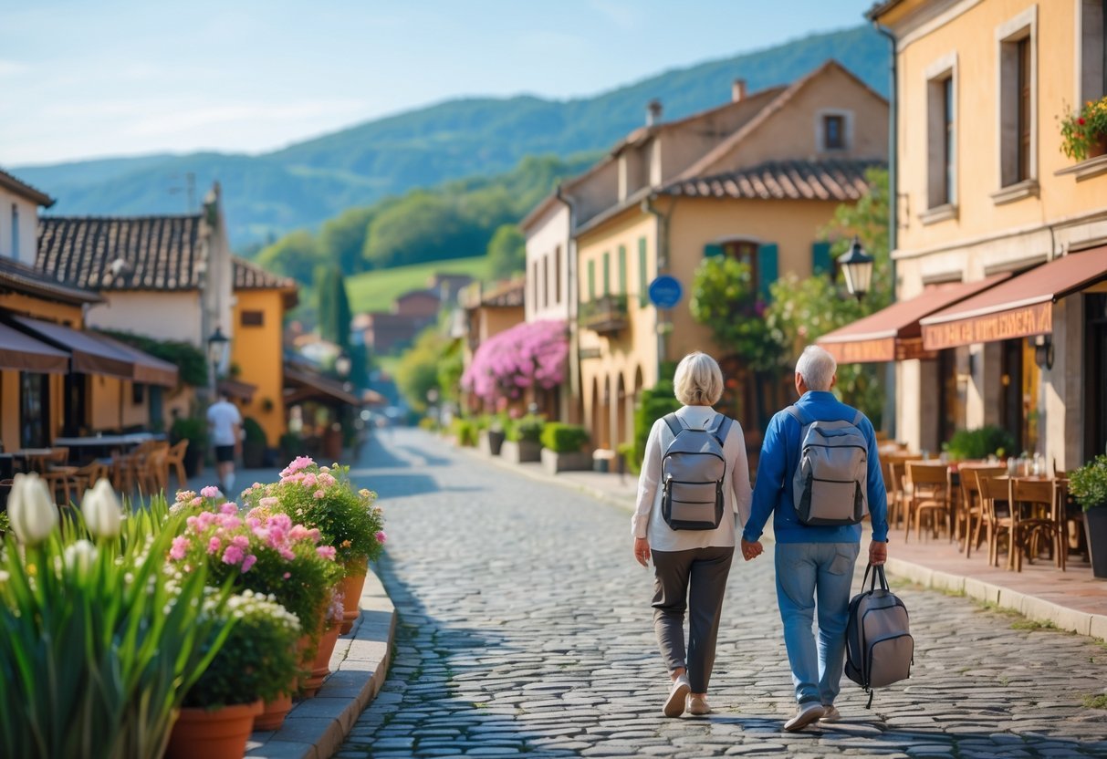 A couple walking slowly along a quiet cobblestone street in a colorful small town with cafes and greenery under a clear sky.