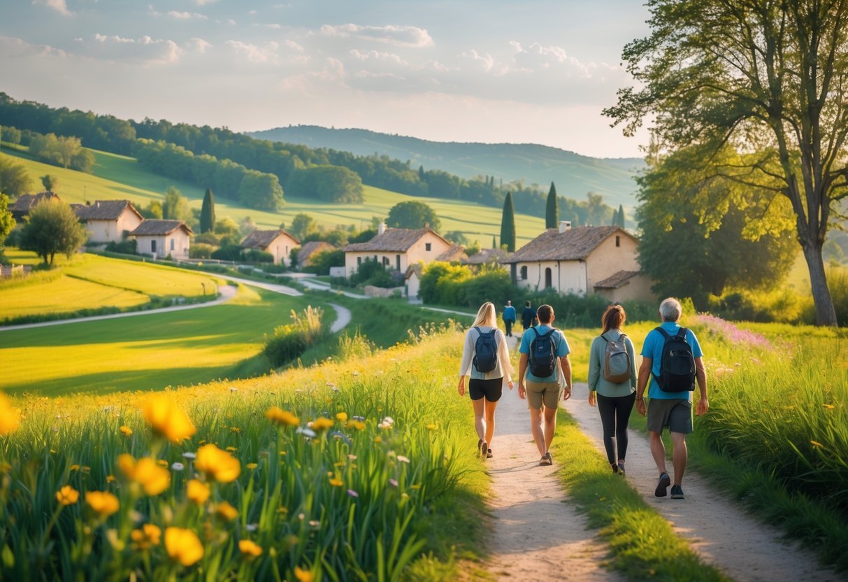 A group of travelers walking slowly along a countryside path with green fields, wildflowers, and a small village in the background under a clear sky.